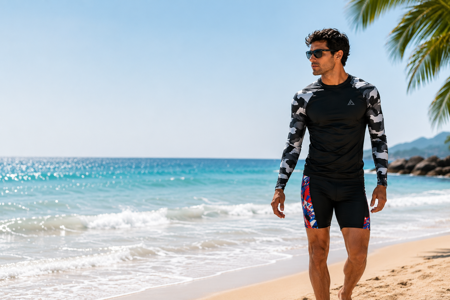 Modelo adulto en playa con short negro de estampado tropical