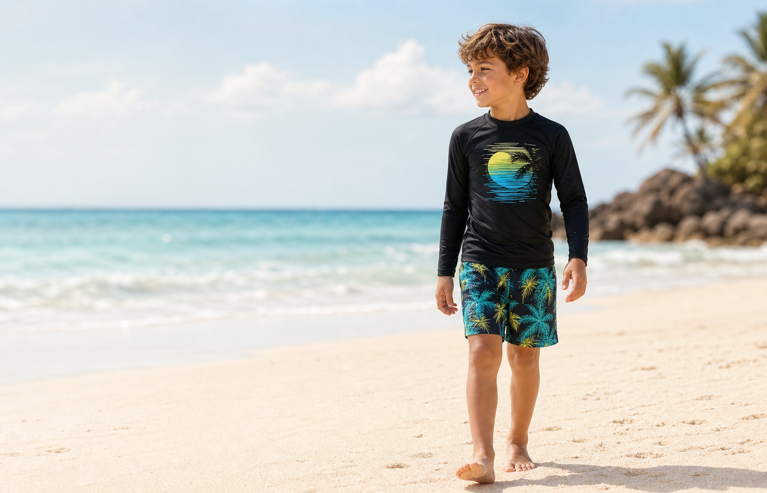 Niño en playa con rashguard negro y short tropical